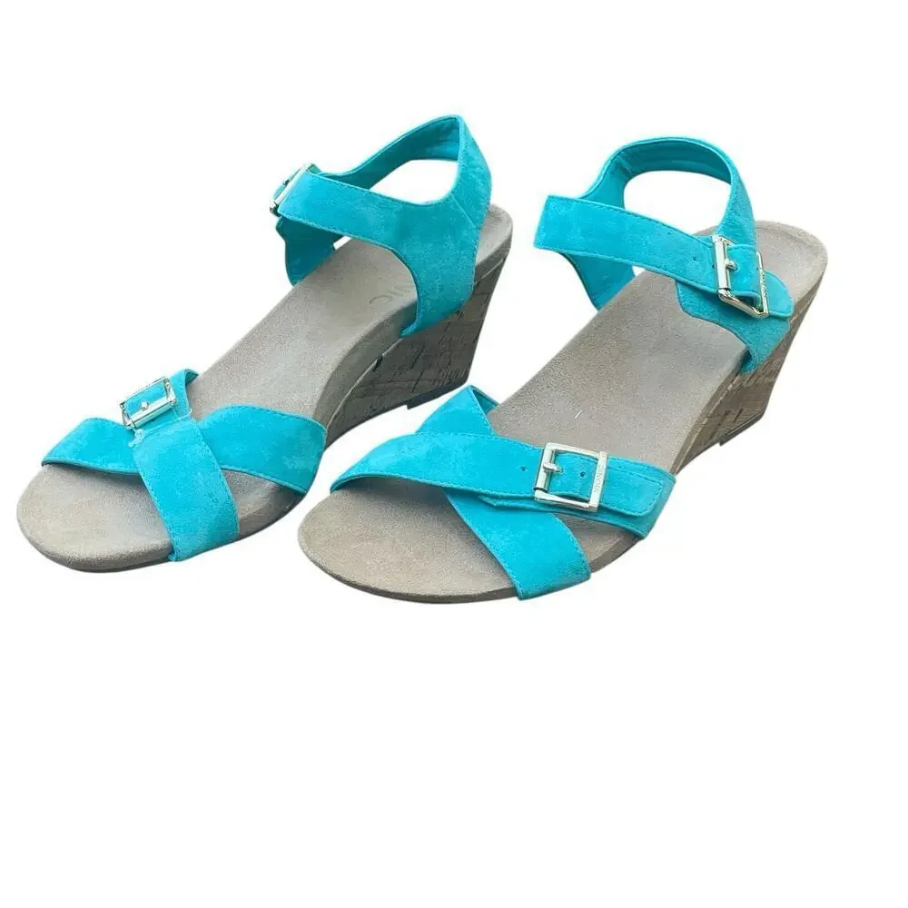 VIONIC Anka Teal Suede Leather Sandal Cork Wedges Size 7